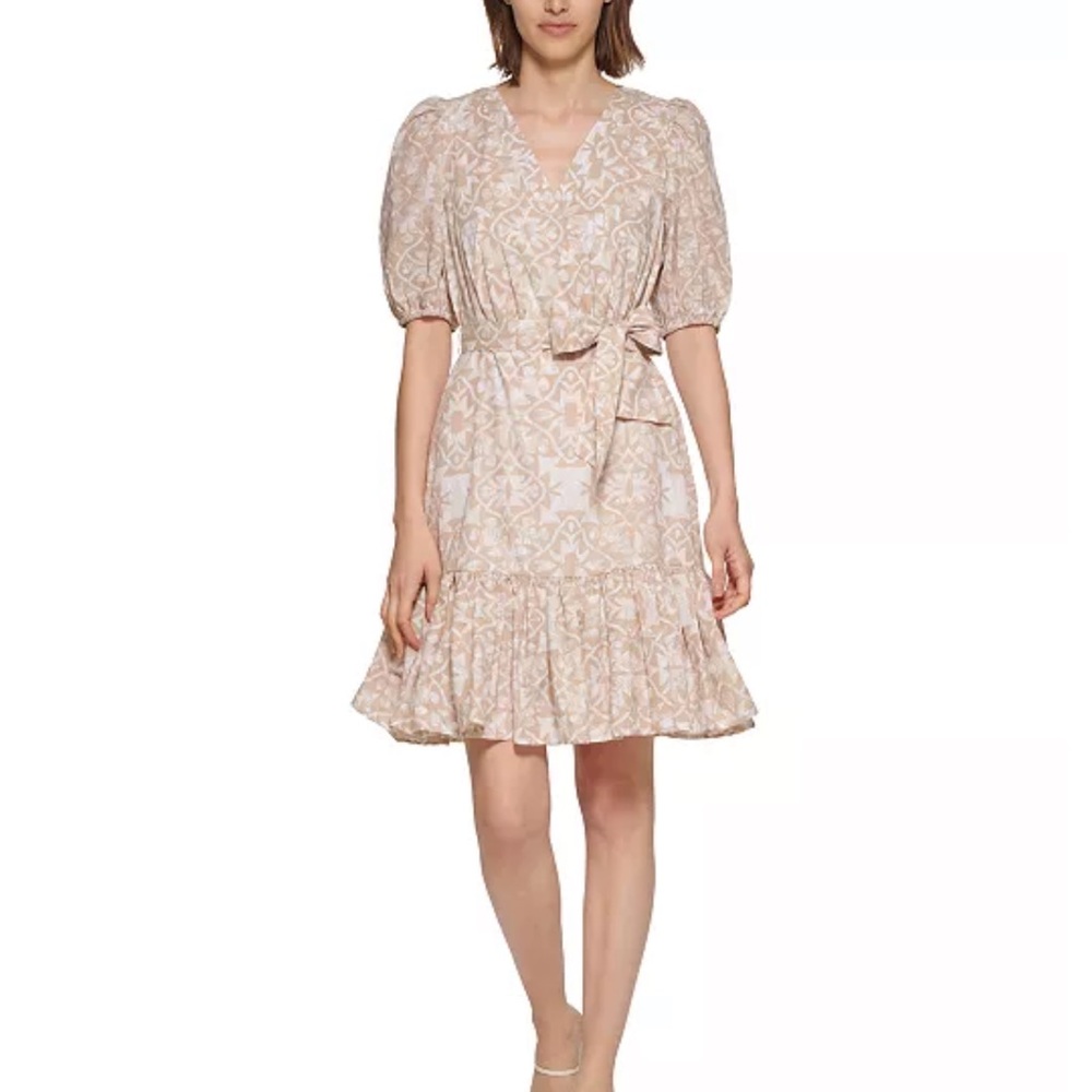Calvin Klein Puff Sleeve Ruffle Hem Belted V-neck Sheath Dress